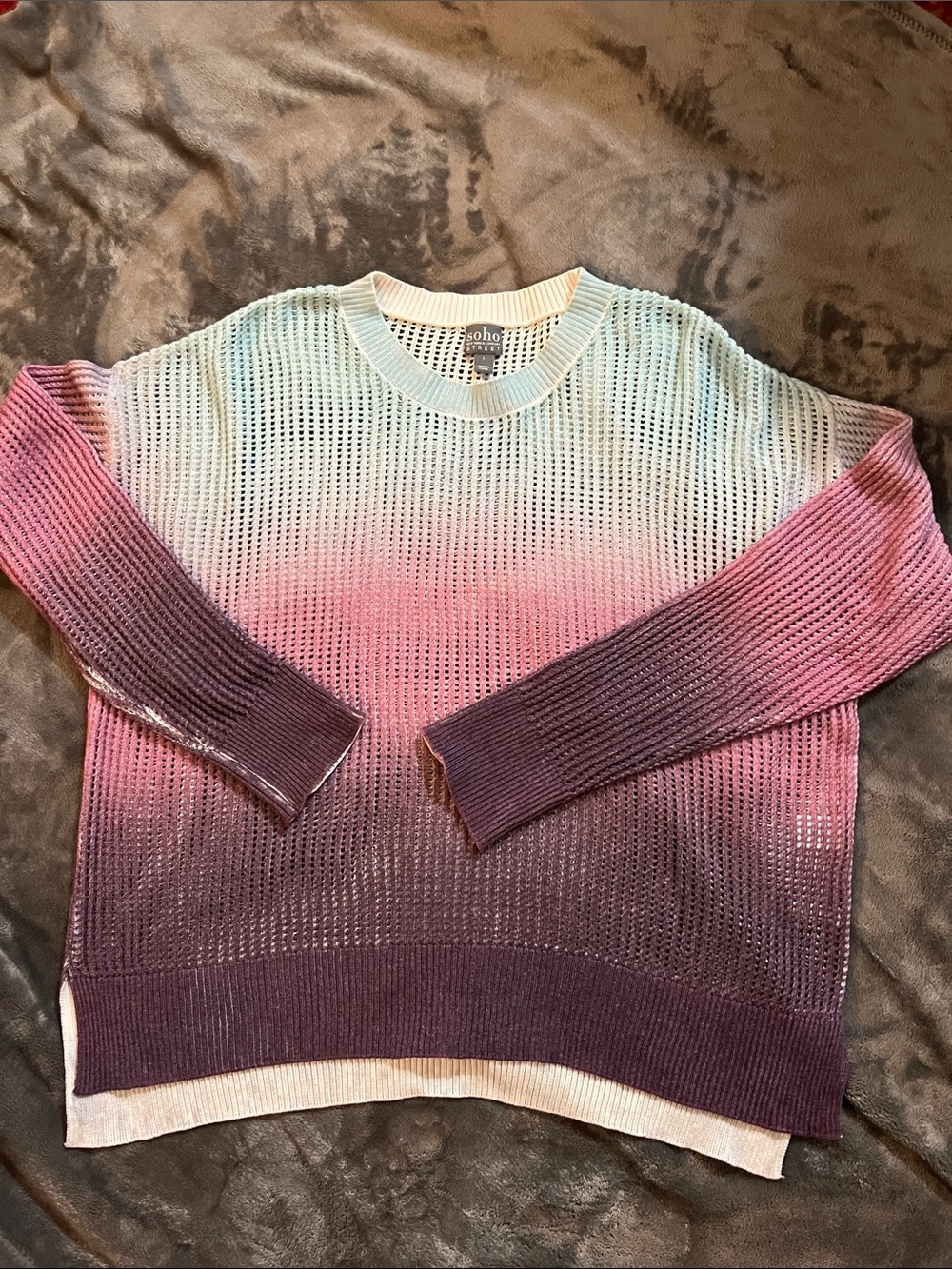New York & Company Ombre Open-Knit Sweater in Mint, Pink & Purple